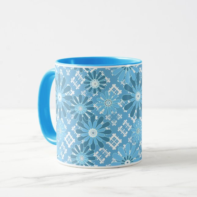 Seamless abstract modern chequered plaid floral bl mug (Front Left)