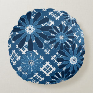 Seamless abstract modern chequered plaid floral bl round cushion