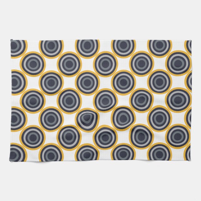 Seamless Abstract Navy Blue, Grey,Yellow Circles Tea Towel (Horizontal)