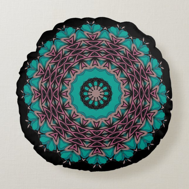Seamless abstract ornamental blue black decor kale round cushion (Front)