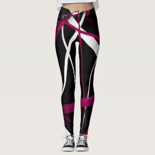 Seamless Abstract Pink and White Lines On Black Ba Leggings