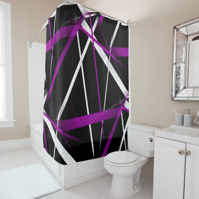 Seamless Abstract Purple and White Lines On Black Shower Curtain (In Situ)