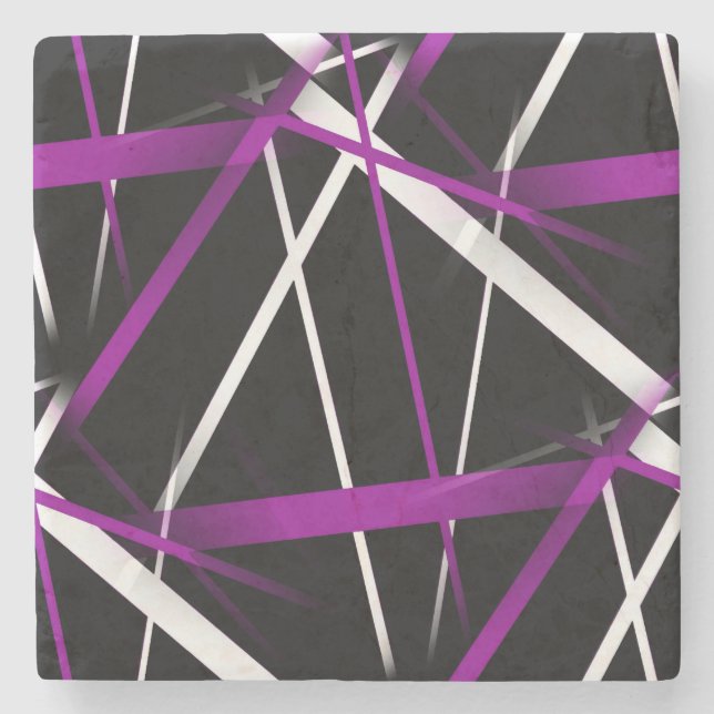 Seamless Abstract Purple and White Lines On Black Stone Coaster (Front)