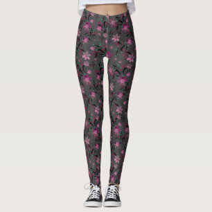 Seamless abstract retro violet flowers grey backgr leggings