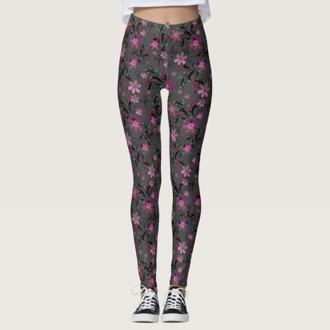 Seamless abstract retro violet flowers grey backgr leggings (Front)