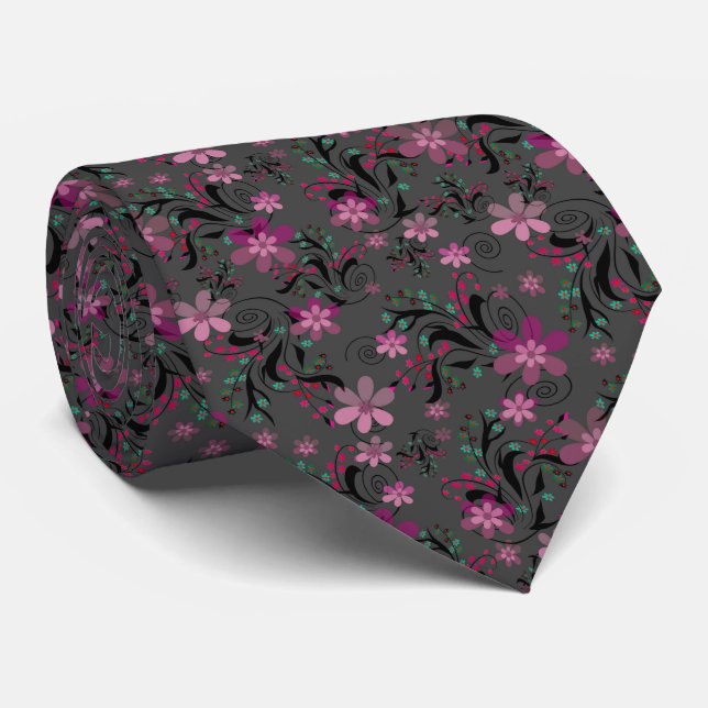 Seamless abstract retro violet flowers grey backgr tie (Rolled)