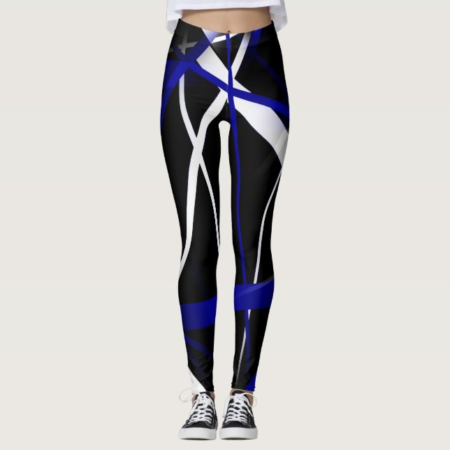 Seamless Abstract  Royal Blue and White Lines Leggings (Front)