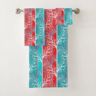 Seamless abstract trees branch blue coral red line bath towel set