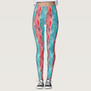 Seamless abstract trees branch blue coral red line leggings