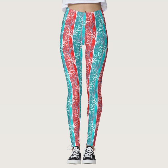 Seamless abstract trees branch blue coral red line leggings (Front)