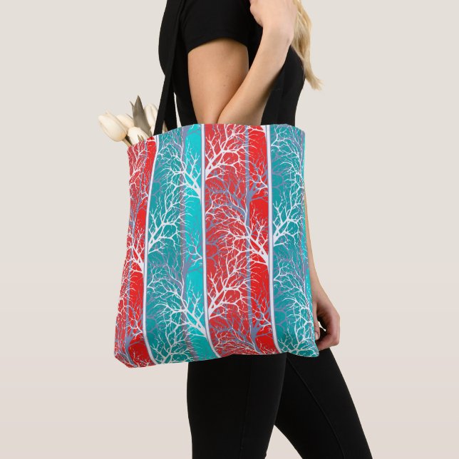 Seamless abstract trees branch blue coral red line tote bag (Close Up)