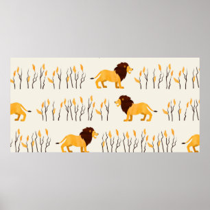 Seamless African pattern with cute lion. vintage w Poster
