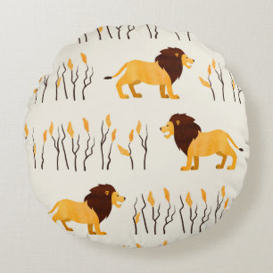 Seamless African pattern with cute lion. vintage w Round Cushion