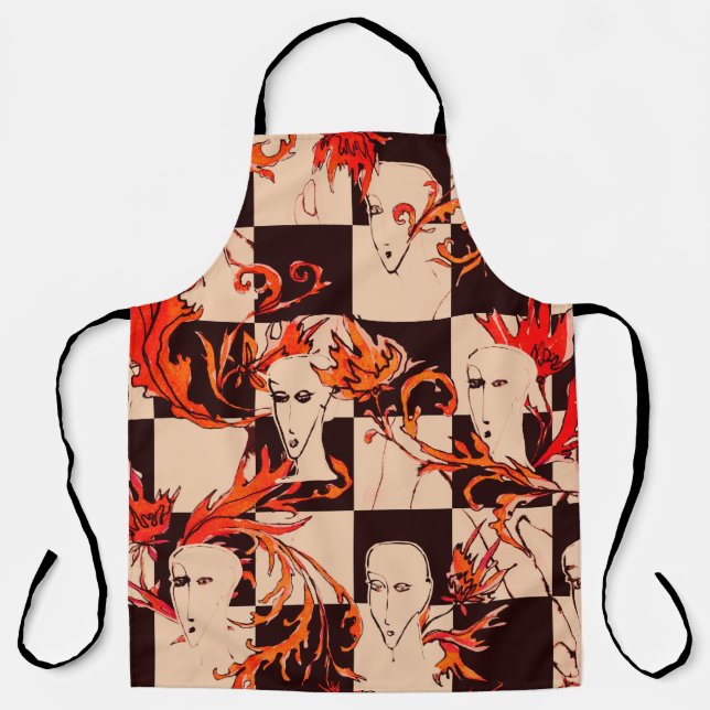 Seamless avant-garde pattern with faces and botany apron (Front)