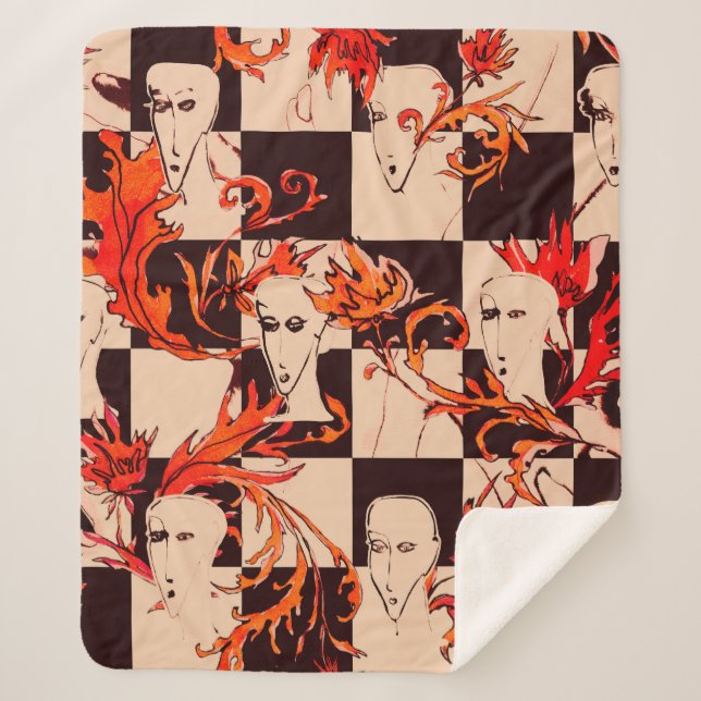 Seamless avant-garde pattern with faces and botany sherpa blanket (Front)