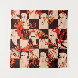 Seamless avant-garde pattern with faces and botany tapestry