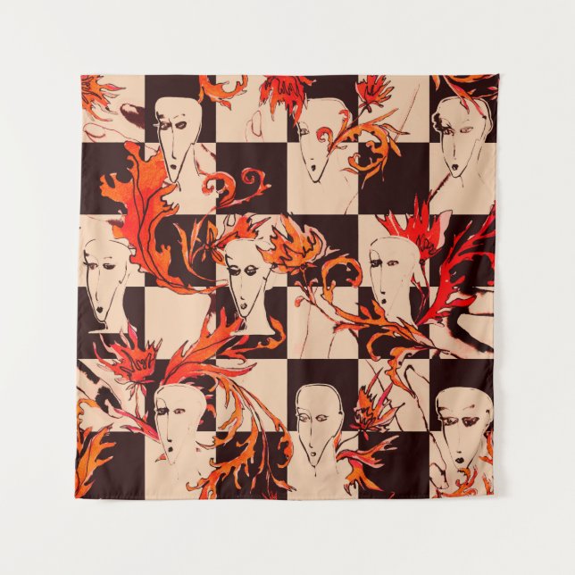 Seamless avant-garde pattern with faces and botany tapestry (Front)