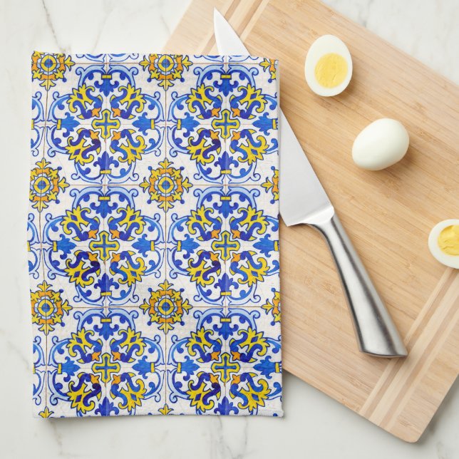 Seamless Azulejo Art Tile Tea Towel (Quarter Fold)