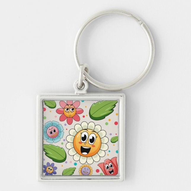 Seamless background design with colourful flowers key ring (Front)