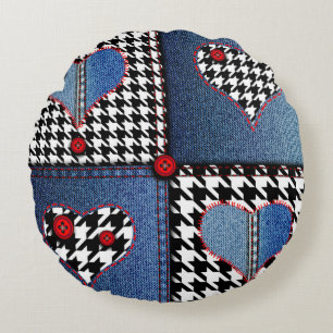 Seamless background pattern. Patchwork of denim fa Round Cushion