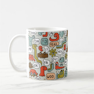 seamless background with cute cartoon monsters coffee mug