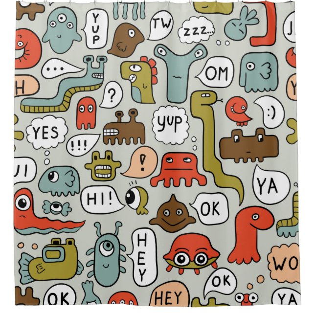 seamless background with cute cartoon monsters shower curtain (Front)