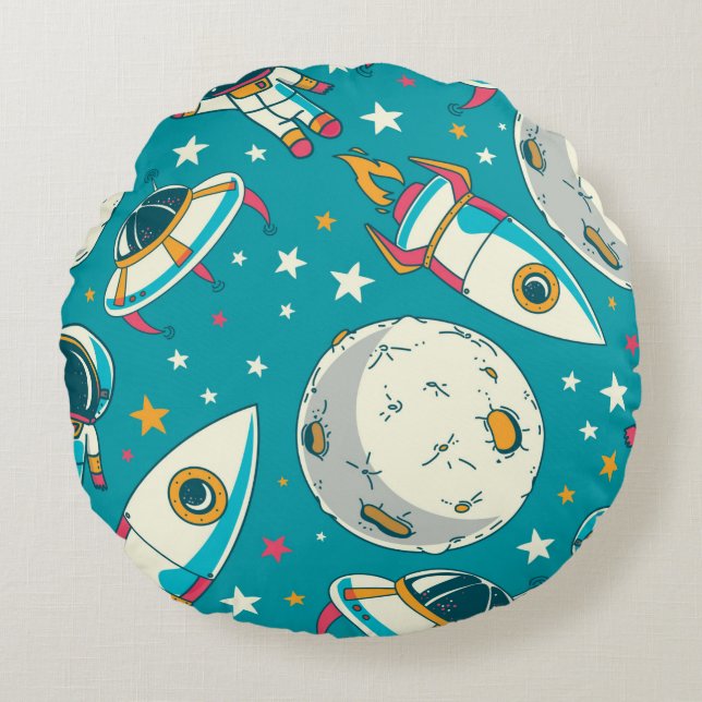 Seamless background with cute doodle astronauts, p round cushion (Front)
