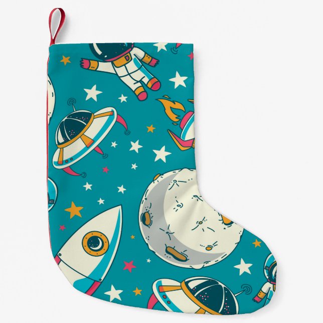 Seamless background with cute doodle astronauts, p small christmas stocking (Front)