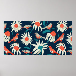 Seamless background with flowers and birds poster