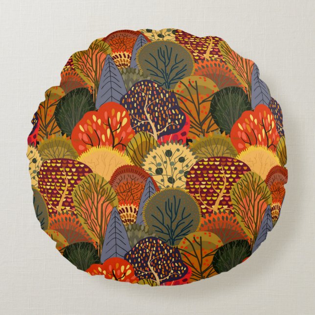 Seamless background with stylised autumn trees. Fo Round Cushion (Front)
