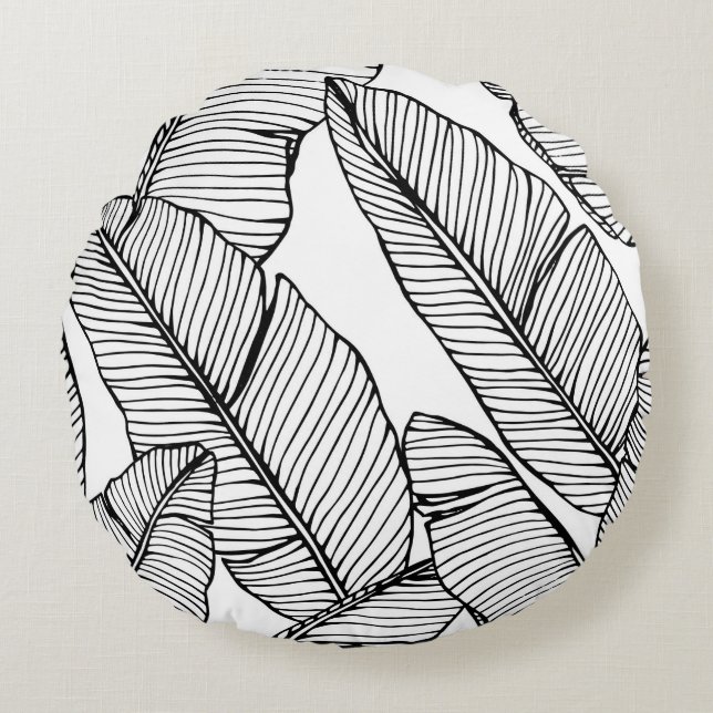 Seamless banana leaf pattern background. Black and Round Cushion (Front)