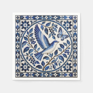 Seamless Bird and Butterfly Blue Tile Pattern Napkin