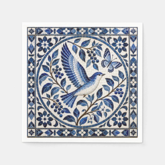 Seamless Bird and Butterfly Blue Tile Pattern Napkin (Front)