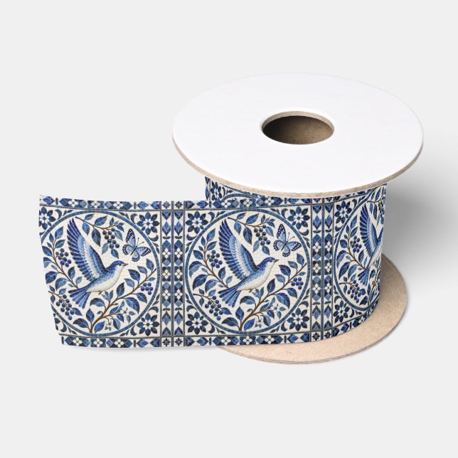 Seamless Bird and Butterfly Blue Tile Pattern Satin Ribbon (Spool)
