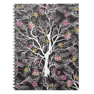 seamless black tree with colourful flower pattern notebook