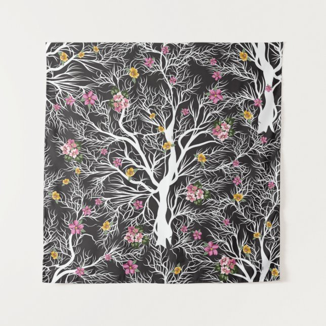 seamless black tree with colourful flower pattern tapestry (Front)