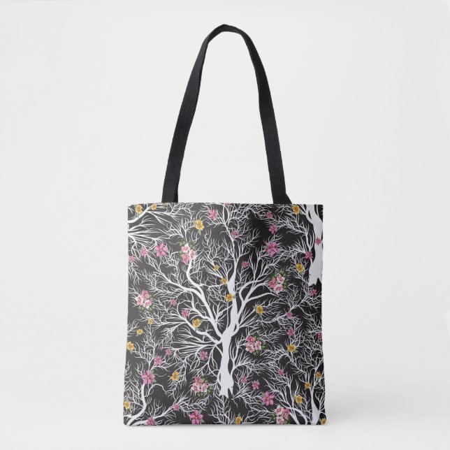 seamless black tree with colourful flower pattern tote bag (Front)