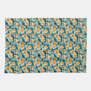 Seamless Blue, White, and Yellow Daisy Flower Tea Towel