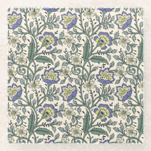 Seamless blue, yellow, and white floral pattern glass coaster