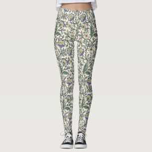 Seamless blue, yellow, and white floral pattern leggings