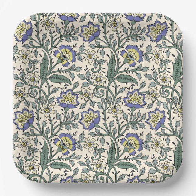 Seamless blue, yellow, and white floral pattern  paper plate (Front)
