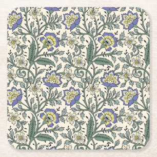 Seamless blue, yellow, and white floral pattern square paper coaster
