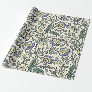 Seamless blue, yellow, and white floral pattern wrapping paper