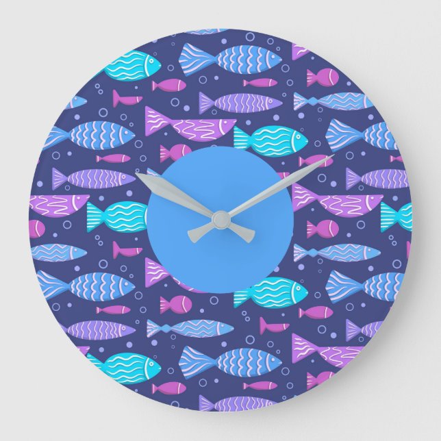 Seamless boho flat pattern with doodle fishes  large clock (Front)