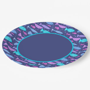 Seamless boho flat pattern with doodle fishes  paper plate