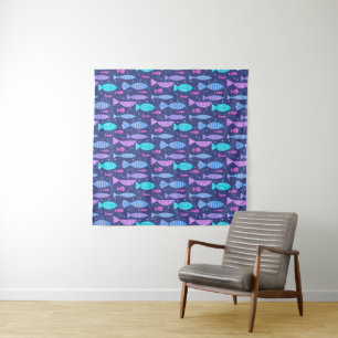 Seamless boho flat pattern with doodle fishes  tapestry