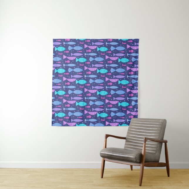 Seamless boho flat pattern with doodle fishes  tapestry (In Situ)