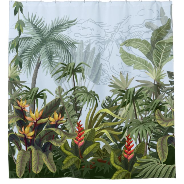 Seamless border with jungle trees and flowers. Vin Shower Curtain (Front)
