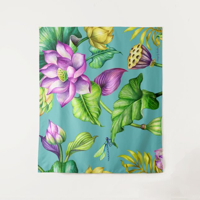 Seamless Botanical Pattern Pink & Yellow Lotus Tapestry (Front)