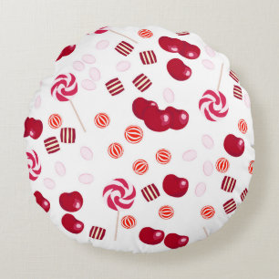 Seamless bright Cherry berry candy lollipops sweet Round Cushion